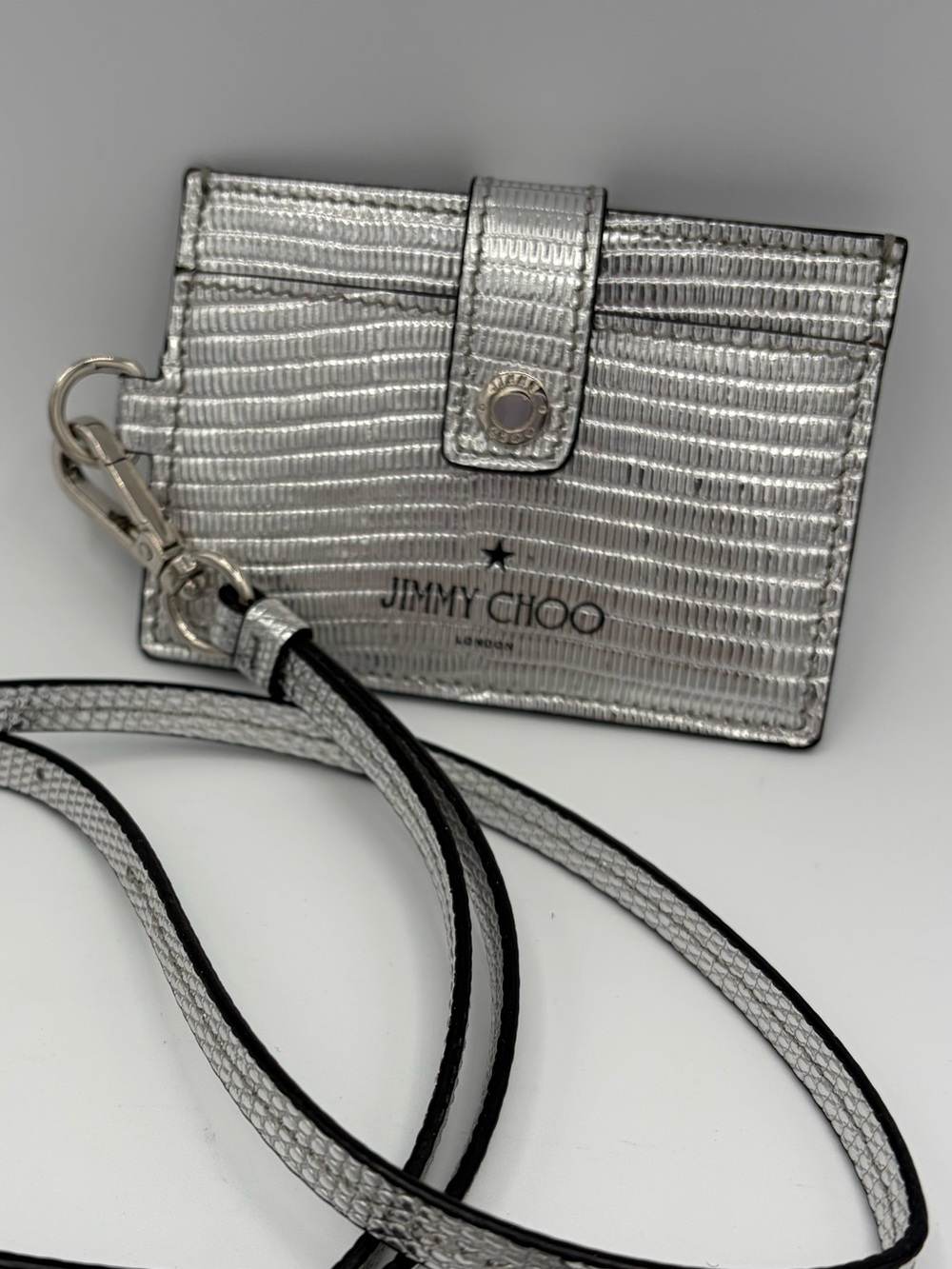 Jimmy Choo Metallic Silver Card Holder detachable Lanyard Classic Minimalist